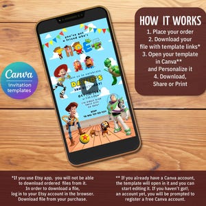 Puede incluir: Un tel&eacute;fono inteligente muestra una colorida invitaci&oacute;n de cumplea&ntilde;os con personajes de Toy Story. La invitaci&oacute;n incluye el texto "DAVID'S 3RD BIRTHDAY!" y detalles. Un panel separado explica c&oacute;mo ordenar, descargar y personalizar la plantilla.