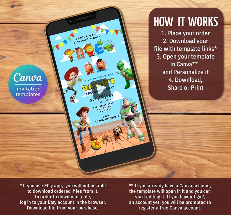 Puede incluir: Un tel&eacute;fono inteligente muestra una colorida invitaci&oacute;n de cumplea&ntilde;os con personajes de Toy Story. La invitaci&oacute;n incluye el texto "DAVID'S 3RD BIRTHDAY!" y detalles. Un panel separado explica c&oacute;mo ordenar, descargar y personalizar la plantilla.