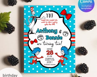 Dr Seuss Birthday invitation, printable fairytale Invite, Editable cat in hat Party Invite Template, boy girl twins birthday, first second