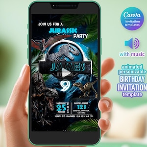 以下が含まれることがあります： スマートフォンには「ジュラシックパーティー」の誕生日招待状が表示されています。デザインは恐竜のイラスト、名前「ジェームズ」、数字「9」が特徴です。日付、時間、場所、RSVPの詳細も含まれています。電話には「Canva invitation templates」も表示されています。