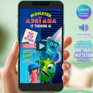 May include: A smartphone displays a colorful birthday invitation template featuring characters from the movie "Monsters, Inc." The invitation reads "Monster Adriana is turning 6!" with the date, time, and RSVP information. The phone also shows Canva invitation templates.