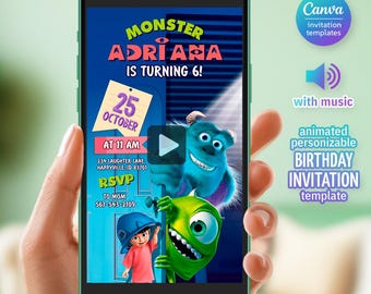 Invitación de video para cumpleaños de monstruos, plantilla animada de Monsters University, invitación editable de Monster Inc., fiesta de Halloween Boo-Day, primer cumpleaños