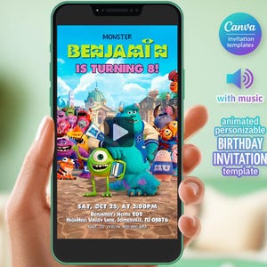 Könnte beinhalten: Ein Smartphone zeigt eine farbenfrohe animierte Geburtstagseinladungsvorlage. Die Einladung zeigt Charaktere aus einem beliebten Animationsfilm mit dem Text "Monster Benjamin is turning 8!" und Veranstaltungsdetails. Das Telefon zeigt auch Canva-Einladungsvorlagen.