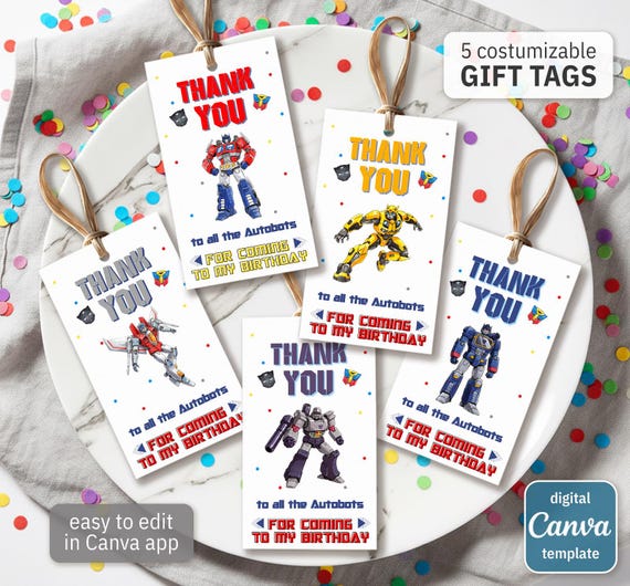 Transformers printable gift tags, birthday party thank you card, Editable Template, diy Rescue Bots bday decorations,  party favors