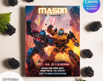 May include: Birthday invitation featuring a colorful image of two Transformers robots, one red and one yellow, with the text "MASON IS TURNING 7" and party details including date, time, address, and RSVP information.