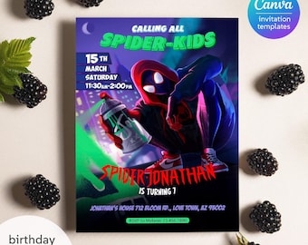 Zaproszenie urodzinowe do druku, zaproszenie Spider-verse, zaproszenie Spider-Mana, impreza z superbohaterami, zaproszenie superbohatera do pobrania natychmiast