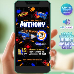 Geanimeerde Nerf-video-uitnodiging voor mobiel, digitale verjaardagsfeestje Evite, Nerf War Battle-thema, bewerkbare telefoonuitnodigingssjabloon