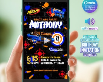 Animated Nerf Video Invitation for Mobile, Digital Birthday Party Evite, Nerf War Battle Theme, Editable Phone Invite Template