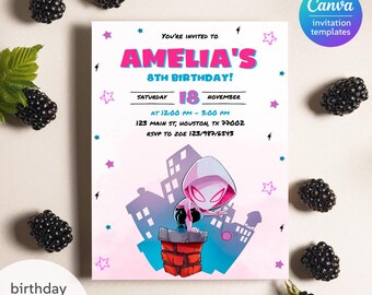 Gwen Birthday Invitation, spider-verse girl birthday invite, editable Ghost Spidey invitation, Spidey Gwen party, girl spiderman birthday