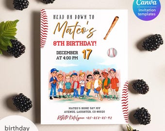 May include: Baseball-themed birthday invitation with a cartoon illustration of kids playing baseball. The invitation says "Head on down to Mateo's 8th Birthday! December 17 at 4:00 PM".