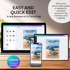 May include: A digital design showcasing a party invitation template on a laptop, tablet, and phone. The invitation features a shark wearing sneakers. Text includes "EASY AND QUICK EDIT" and "Canva invitation templates."