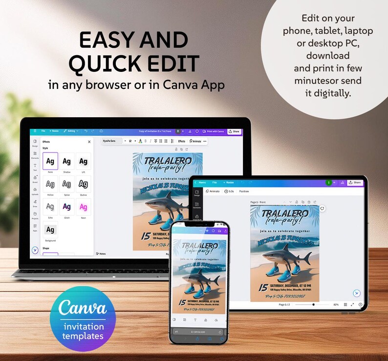 May include: A digital design showcasing a party invitation template on a laptop, tablet, and phone. The invitation features a shark wearing sneakers. Text includes "EASY AND QUICK EDIT" and "Canva invitation templates."