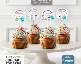 Monster Inc printable cupcake toppers, birthday cake decor,  party Editable Template, diy Monsters University bday decorations