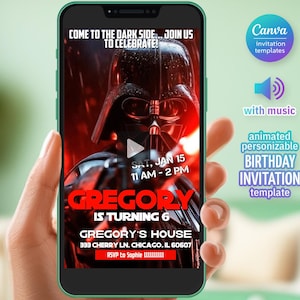 Könnte beinhalten: Ein Smartphone zeigt eine digitale Geburtstagseinladung mit Star Wars-Motiv. Die Einladung zeigt Darth Vader und den Text "Come to the Dark Side... Join Us to Celebrate!" sowie Details für Gregorys 6. Geburtstag.