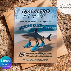 May include: A birthday party invitation with a shark wearing blue sneakers on a beach. The invitation reads "TRALALERO Trala-party!" and "NICHOLAS IS TURNING 7!" with event details and a Canva logo.
