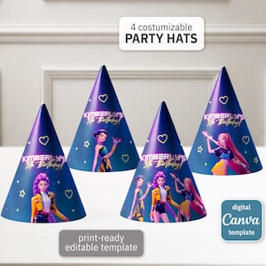 K-pop Demon Hunters printable party hats, birthday party Editable Template, diy Huntrix Saja bday decorations,  party favors