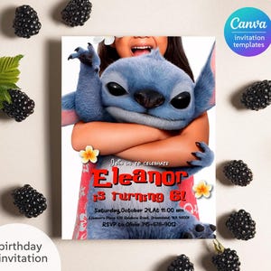 May include: A birthday invitation featuring the character Stitch from Lilo & Stitch. The invitation includes the text "Eleanor is turning 6!" and event details. Blackberries and a Canva logo are also visible.