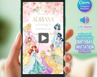 Invitación de video animada de cumpleaños de princesa, invitación digital para fiesta de princesas Disney para niñas de 3.º a 4.º grado, celebración real por WhatsApp