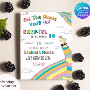 Dr. Seuss Geburtstagseinladung, bearbeitbares druckbares Märchen einladen, oh, die Orte, an die du gehen wirst! Party, Junge Mädchen Geburtstag, erste zweite