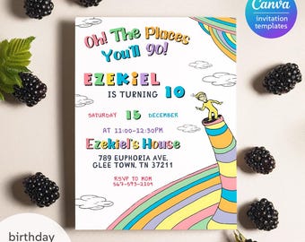 Dr Seuss Birthday invitation, Editable printable fairytale Invite, Oh, the Places You&#39;ll Go! Party, boy girl birthday, first second
