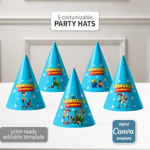 May include: Five blue party hats with the text "SAMUEL'S 4TH BIRTHDAY" and various cartoon characters. The hats are cone-shaped and have white clouds. The image also includes the text "5 customizable PARTY HATS".