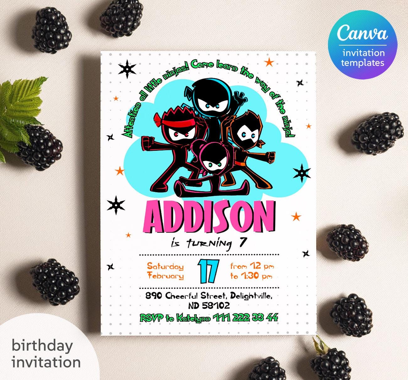 Ninja Birthday Invitation Template, Editable Party Invite (digital ...