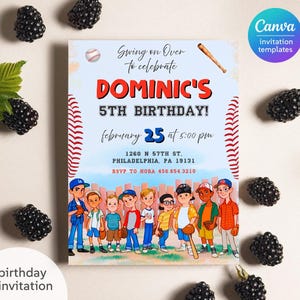 May include: Baseball-themed birthday invitation with a blue background and red and white baseball stitching. The invitation says "Swing on Over to celebrate DOMINIC'S 5TH BIRTHDAY!" with the date and time "February 25 at 5:00 pm". The invitation also includes the address "1260 N 57TH ST. PHILADELPHIA, PA 19131" and RSVP information. The invitation features a cartoon illustration of a group of boys playing baseball.