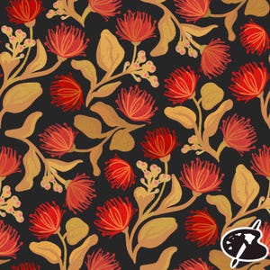 May include: A repeating pattern of red flowers with yellow-gold leaves and stems on a dark gray background. The flowers have a spiky appearance, and the leaves are in various shapes. The design is reminiscent of a botanical illustration.