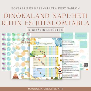 Puede incluir: Tablas de rutinas y recompensas diarias y semanales imprimibles con temática de dinosaurios. Las tablas presentan ilustraciones coloridas de dinosaurios, un volcán y una señal de tráfico. El texto incluye "Dino Adventure" y "Descarga digital".