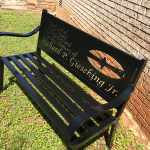 Custom steel memorial park bench with cnc plasma cut design powder coated made to order