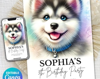 Husky Dog Birthday Invitation Template Editable Canva, Puppy Pawty Invite, Cute Husky Puppy 5th Birthday Invite, Pastel Dog Party Invitation
