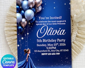 Editable Princess Birthday Invitation, Blue Balloon Party Invite, Girl 5th Birthday Card, Little Princess Canva Template Instant Download