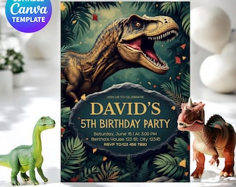 Dinosaur Birthday Invitation, Editable Three Rex Birthday Invite, Digital Boys 5th Birthday Dino Party, Three-Rex On The Loose, canva edit