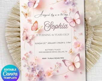 Butterfly Birthday Invitation Canva Editable Template, Sweet 16 Invitation, Girl Invite Floral Pastel Theme Printable, Instent download