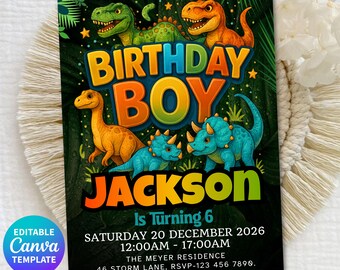 Jurassic Dinosaur Birthday Invitation, Dino Birthday Invite, Dinosaur Party Invite, Dino Theme Birthday Party, Canva Template Instant Access