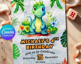 Dinosaur Birthday Invitation, Dino Birthday Invite, Jurassic Birthday Party, Dino Theme Party Invitation, Instant Access Canva Template