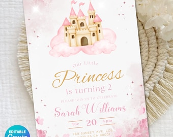 Princess Birthday Invitation Template Editable Canva, Pink Castle Birthday Invite, Girl 2nd Birthday Invitation, Fairytale Party Invite