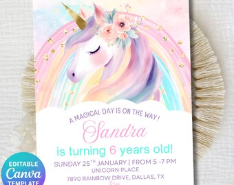 Unicorn Birthday Invitation, Rainbow Unicorn Birthday Invite, Unicorn Party Invitation, Unicorn Girl Birthday Party, Editable Canva Template