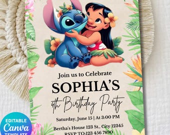 Stitch Birthday Invitation, Tropical Girl Party Invite Canva Template, Editable Kids Birthday Card, Hawaiian Theme Printable, Summer Party