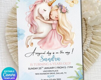Unicorn Princess Birthday Invitation, Pastel Watercolor Unicorn Invite, Magical Princess Party Invite, Editable Unicorn Birthday Invitation
