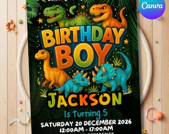 Dinosaur Jungle Birthday Invitation, Dino Birthday Invite, Party Invite,Kids Jurassic Birthday Party, Editable Canva Template Instant Access
