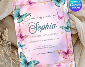 Editable Butterfly Birthday Invitation Canva Template Girl Birthday Invite Any Age Pink Purple Theme 5x7 Printable Instant Download