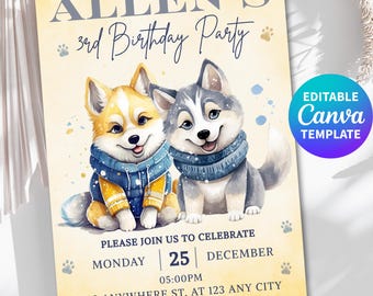 Puppy Birthday Invitation Template Editable Canva, Puppy Pawty Invite, Cute Puppy Party Invite, Dog Birthday Invitation Kids, Pet Birthday