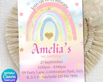 Editable Rainbow Birthday Invitation Canva Template, Pastel Girl Birthday Invite, Boho Rainbow Party, Girly party Printable Digital Download