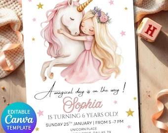 Unicorn Birthday Invitation Template, Editable Canva Unicorn Invite, Girl Unicorn Party Invitation, Magical Unicorn Birthday Invite