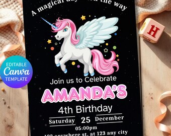 Unicorn Birthday Invitation, Magical Unicorn 4th Birthday Party Invite, Pink Unicorn Printable Girl Birthday Invitation, Editable Template