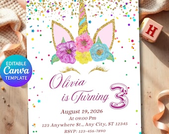 Unicorn Birthday Invitation, Unicorn Horn Birthday Invite, Editable Unicorn Party Invitation, Girl Unicorn Birthday Party Invite Template