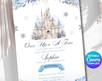 Princess Birthday Invitation Template Editable Canva, Fairytale Castle Princess Birthday Invite, Blue Winter Princess Party Invitation