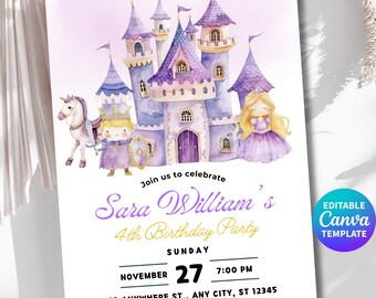 Princess Birthday Invitation Template Editable Canva, Purple Princess Castle Birthday Invite, Fairytale Birthday Invitation, Girls Party