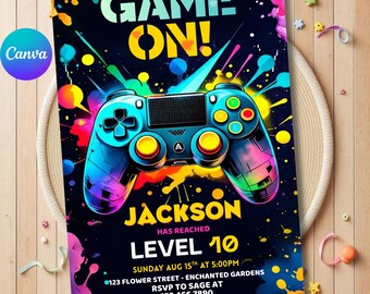 Video Game Birthday Invitation, Gamer Birthday Invite, Level Up Birthday Party, Arcade Party Invite, Game Boy Girl Birthday, Canva Template